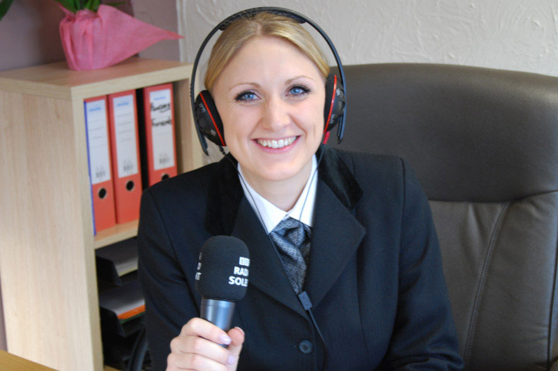 Victoria Nethercote broadcasting live on the BBC Solent Breakfast Show, PR by Alias for Laurel Funerals