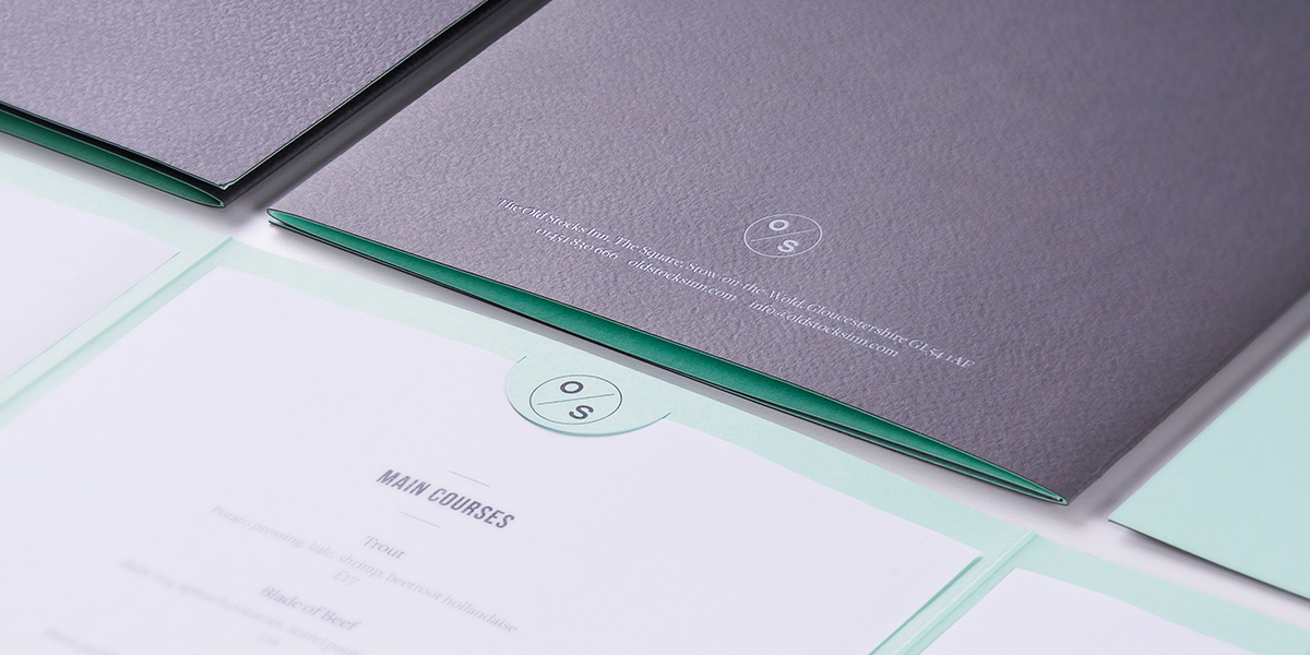 Hotel menu design and print for The Old Stocks Inn by Mighty, hotel marketing agency